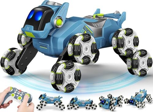 Hitruz 8 Wheel Stunt Rc Robot Dog 2 4ghz Remote Controlled Pet With Drift Wheels 360 Rotation Led Eyes Smoke Effect Interactive Robotic Toy For Kids Rechargeable Rc Stunt Dog Blue Featured