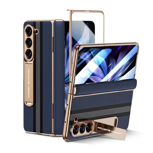 Karendon For Samsung Galaxy Z Fold 5 Phone Caseluxury Genuine Leatherfull Body Hinge Protectionbuilt In Screen Protectorkickstand Drop Proof Protective Cover For Samsung Z Fold 5 Blue Gallery 1