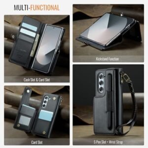 Kowauri For Samsung Galaxy Z Fold 6 Case With S Pen Holder Galaxy Z Fold 6 Pu Leather Wallet Case With Wrist Strap Rfid Blocking Card Slot Shockproof Protective Phone Cover For Women Men Black Featured