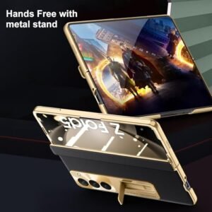 Libeagle For Samsung Galaxy Z Fold 5 Case Electroplated Frame Leather On Back Hinge Protection Screen Protector Metal Stand Camera Protection Thin Slim Stand Cover 5g 2023 Black Featured