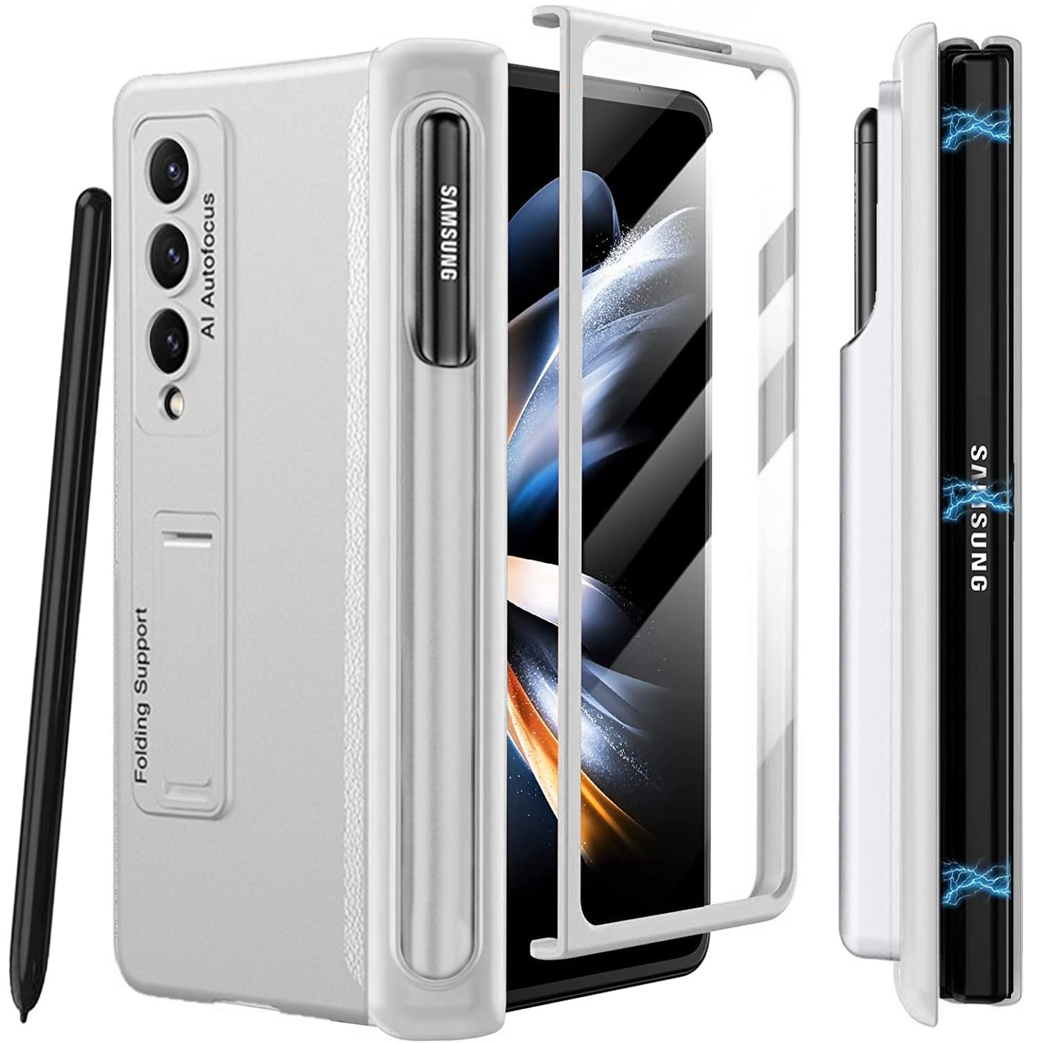 Miimall For Samsung Galaxy Z Fold 4 Case With Pen Holder Fold 4 Case With Pen Holder Screen Protector Adjustable Kickstand All Inclusive Hinge Protective Case For Galaxy Z Fold 4 Silver Featured