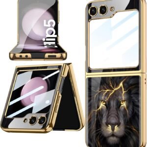 Mobikarts Galaxy Z Flip5 Lion Pattern Ultra High Protection Glass Case Cover Black Color Featured