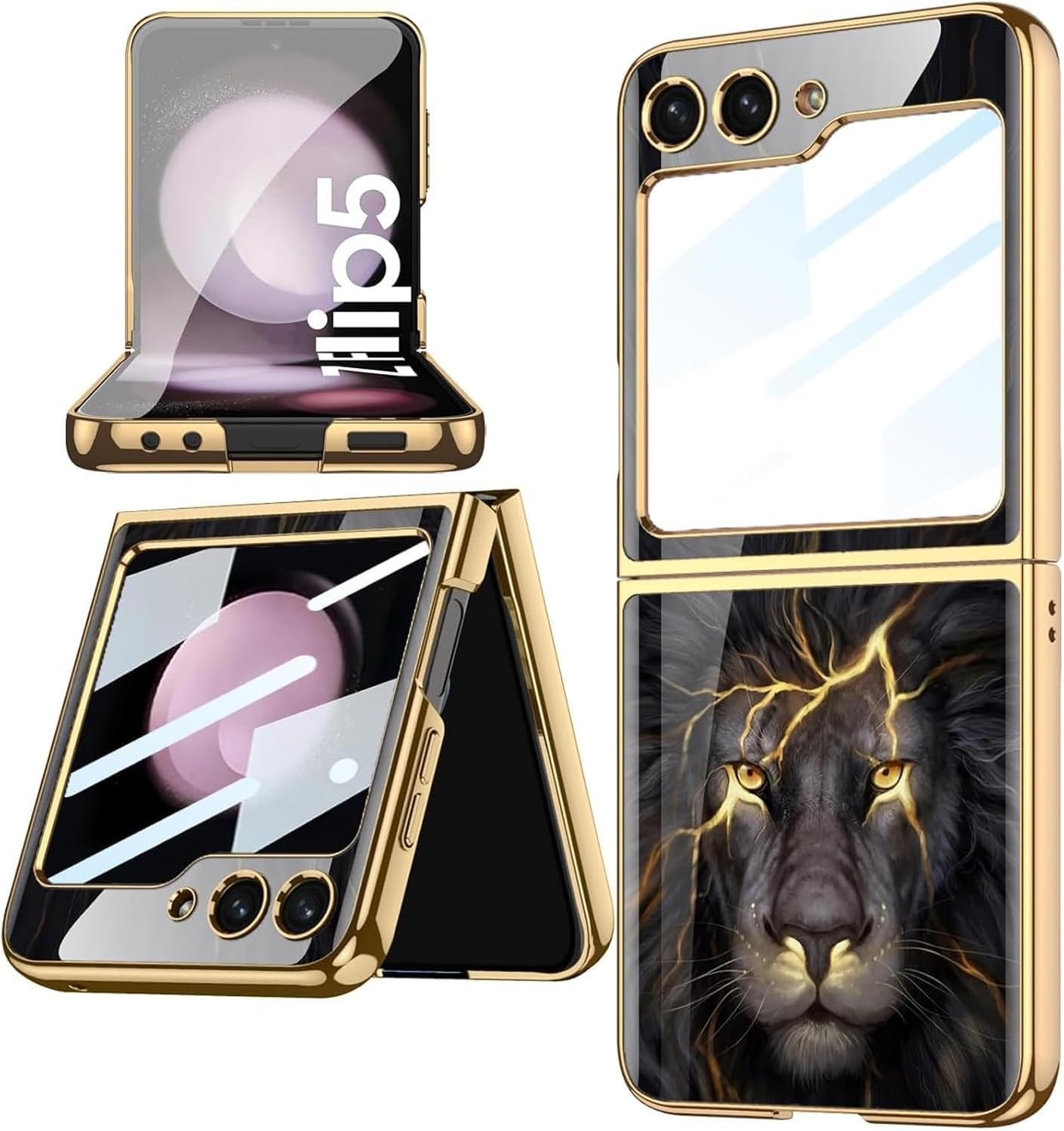 Mobikarts Galaxy Z Flip5 Lion Pattern Ultra High Protection Glass Case Cover Black Color Featured