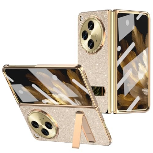 Ninki Compatible Oneplus Open Phone Case With Screen Protectorluxury Oneplus Open Case With Standcrystal One Plus Open Fold Case Coverprotective Matte Case For Oppo Find N3 Case With Kickstand Gold Featured