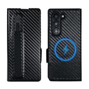Pefimt For Samsung Galaxy Z Fold 6 Wallet Case With S Pen Holder Strong Magnetic Compatible With Magsafe Hinge Protection Luxury Carbon Fiber Texture Leather 3 Card Slots With Rfid Blocking Black Featured