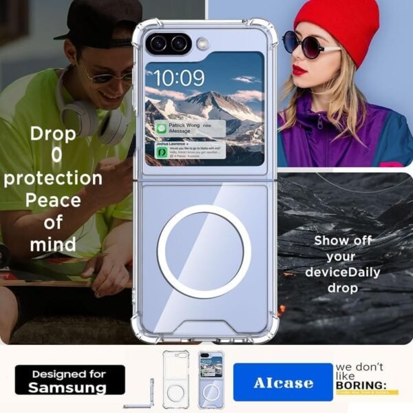 Phone Palace Clear Magnetic Case For Samsung Galaxy Z Flip 5 With Hinge Protection Compatible With Magsafe 2 In 1 Slim Shockproof Transparent Full Body Protection Z Fold 5 Hard Cover Clear Gallery 5