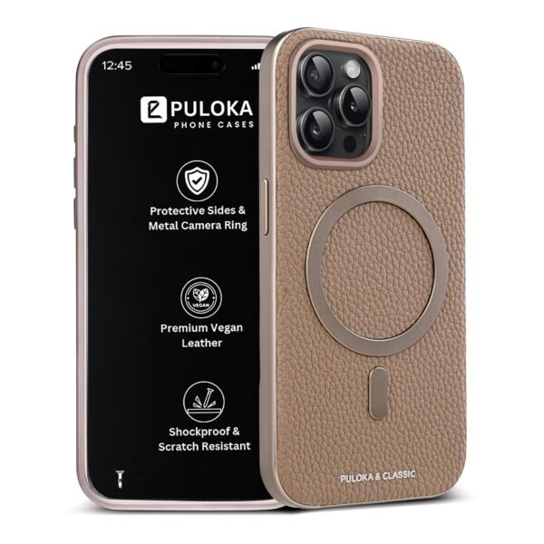 Puloka Magfit Mobile Back Cover Compatible With Iphone 15 Pro Mag Safe Design Textured Vegan Leather Electroplated Sides Bumper Case Camera Protetection Raised Edges Apricot Gallery 7