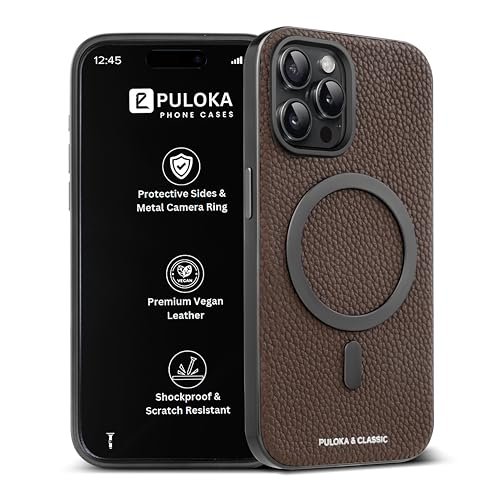 Puloka Magfit Mobile Back Cover Compatible With Iphone 15 Pro Max Mag Safe Design Textured Vegan Leather Electroplated Sides Bumper Case Camera Protetection Raised Edges Dark Grey Featured