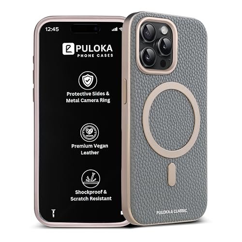 Puloka Magfit Mobile Back Cover Compatible With Iphone 15 Pro Max Mag Safe Design Textured Vegan Leather Electroplated Sides Bumper Case Camera Protetection Raised Edges Titanium Grey Featured