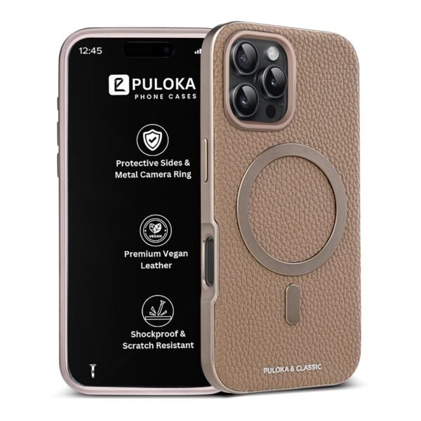 Puloka Magfit Mobile Back Cover Compatible With Iphone 16 Pro Max Mag Safe Design Textured Vegan Leather Electroplated Sides Bumper Case Camera Protetection Raised Edges Apricot Gallery 7