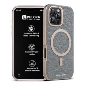 Puloka Magfit Mobile Back Cover Compatible With Iphone 16 Pro Max Mag Safe Design Textured Vegan Leather Electroplated Sides Bumper Case Camera Protetection Raised Edges Titanium Grey Featured