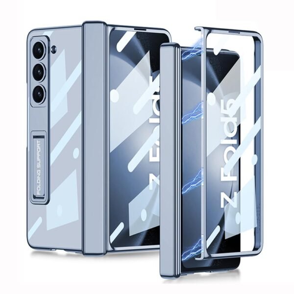 Puroom For Samsung Galaxy Z Fold 5 Case Magnetic Hinge Coverage Protection Ultra Thin Transparent Plating Crystal Built In Kickstand Front Glass All Inclusive Case Clear Blue Gallery 5