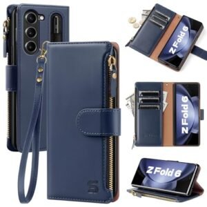 Shieldtop Compatible With Samsung Galaxy Z Fold 6 5g Wallet Case With S Pen Holderwomen Man Rfid Blocking Pu Leather Flip Phone Case Protective Cover Wrist Strap Credit Card Holder Slotsblue Featured