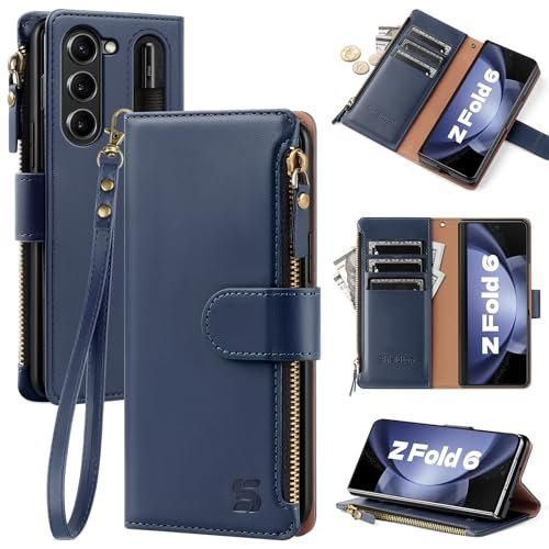 Shieldtop Compatible With Samsung Galaxy Z Fold 6 5g Wallet Case With S Pen Holderwomen Man Rfid Blocking Pu Leather Flip Phone Case Protective Cover Wrist Strap Credit Card Holder Slotsblue Featured