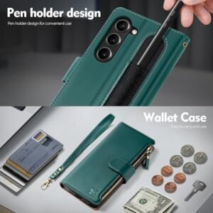 Shieldtop Compatible With Samsung Galaxy Z Fold 6 5g Wallet Case With S Pen Holderwomen Man Rfid Blocking Pu Leather Flip Phone Case Protective Cover Wrist Strap Credit Card Holder Slotsblue Green Featured