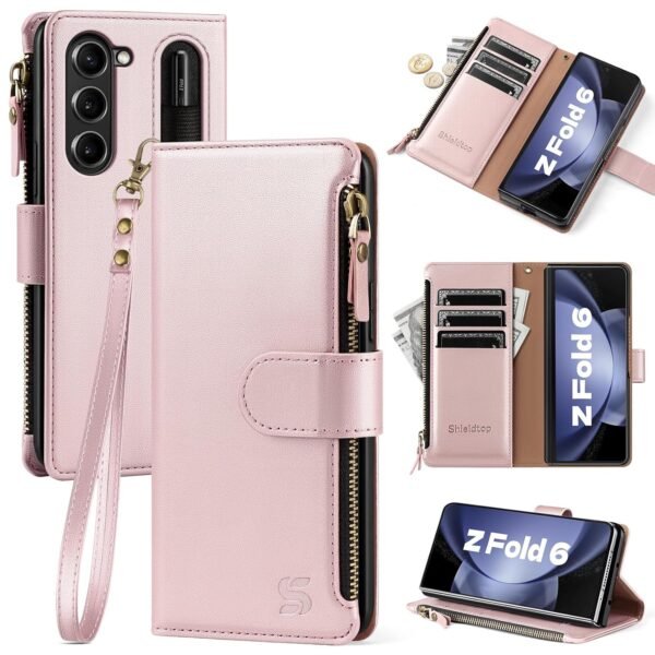 Shieldtop Compatible With Samsung Galaxy Z Fold 6 5g Wallet Case With S Pen Holderwomen Man Rfid Blocking Pu Leather Flip Phone Case Protective Cover Wrist Strap Credit Card Holder Slotsrose Gold Gallery 3
