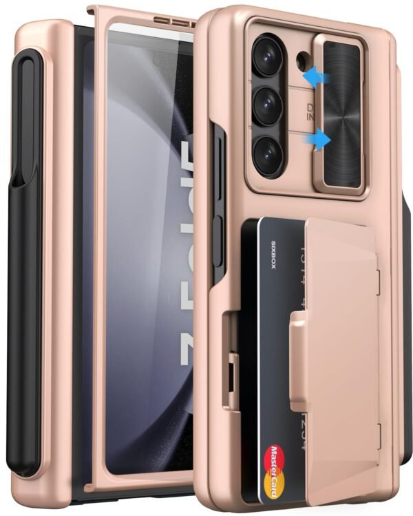 Sixbox For Galaxy Z Fold 5 Case With Card Holder Screen Protector S Pen Holder Slide Camera Cover Hinge Protection Shockproof Wallet Phone Case For Samsung Z Fold 5 2023 Rose Gold Gallery 4