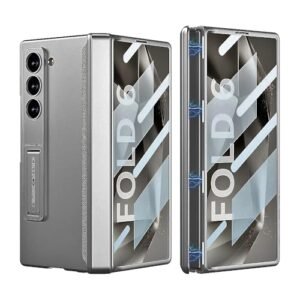 T Teclusive Ultra Luxury Full Protection Case With Hinge Protection Compatible For Galaxy Z Fold 6 Hidden Stand Magnetic Hinge Protector Cover With Front Tempered Glass Gray Fold 6 Featured