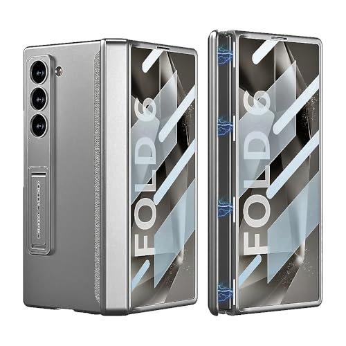 T Teclusive Ultra Luxury Full Protection Case With Hinge Protection Compatible For Galaxy Z Fold 6 Hidden Stand Magnetic Hinge Protector Cover With Front Tempered Glass Gray Fold 6 Featured