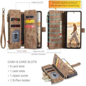 Taneny For Galaxy Z Fold 6 Case With S Pen Holder Pu Leather Wallet Case For Women Men With Card Holder Zipper Wrist Strap Kickstand Shockproof Protective Cover For Samsung Galaxy Z Fold 6 5g Brown Featured
