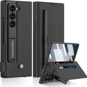 Techtrendz Leather Wallet Flip Cover For Z Fold 6 With Removable Pen Holder Adjustable Kickstand Hinge Protective Case Compatible With Samsung Galaxy Z Fold 6 Cover Carbon Fiber Black Featured
