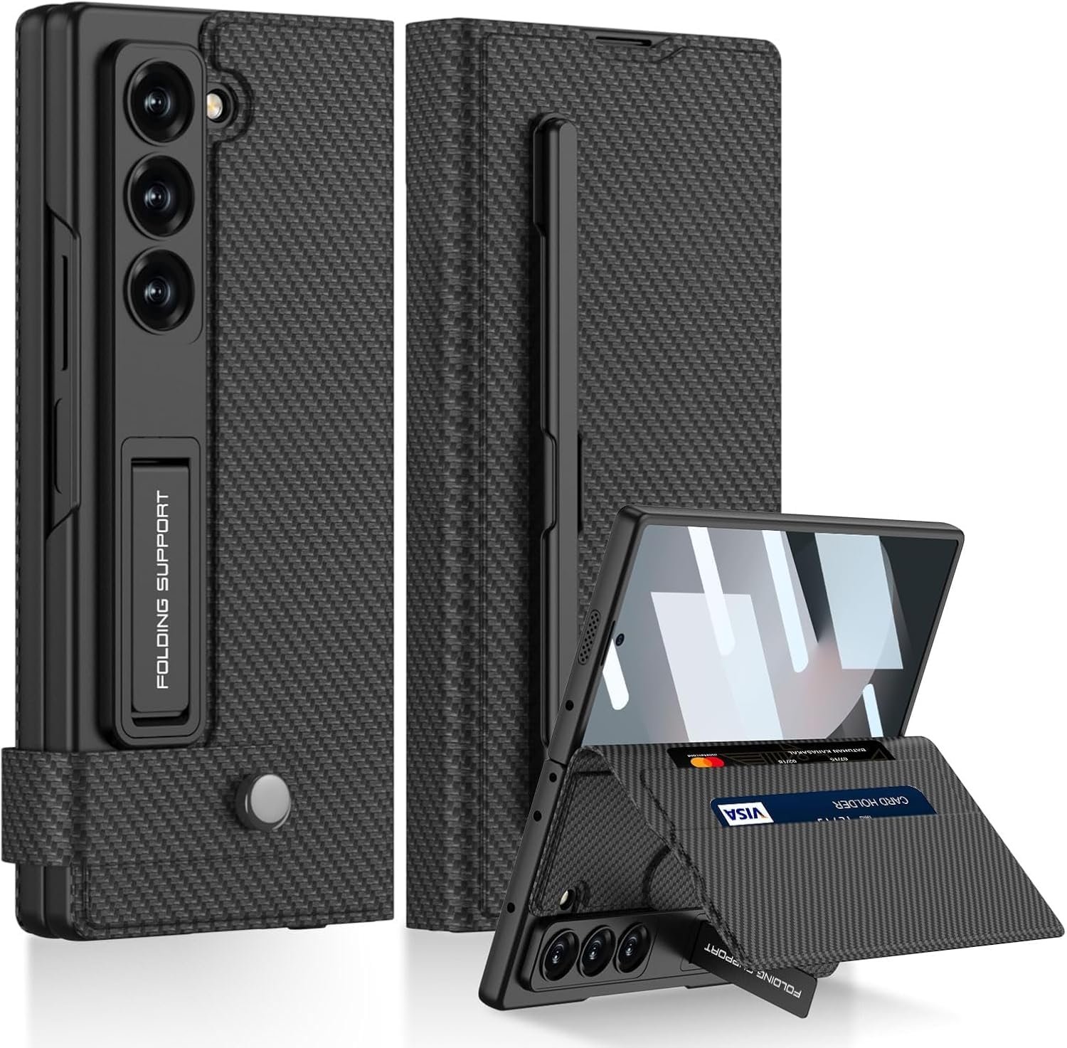 Techtrendz Leather Wallet Flip Cover For Z Fold 6 With Removable Pen Holder Adjustable Kickstand Hinge Protective Case Compatible With Samsung Galaxy Z Fold 6 Cover Carbon Fiber Black Featured
