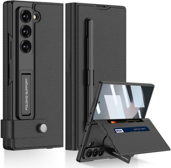 Techtrendz Leather Wallet Flip Cover With Removable Pen Holder With S Pen Holder Adjustable Kickstand Hinge Protective Case Compatible With Samsung Galaxy Z Fold 6 Black Gallery 1
