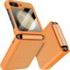 Textured Grip Hinge Protection Back Cover For Samsung Galaxy Z Flip5 / Z Flip 5 | With [Inbuilt Glass] Full Body Shockproof Hard Back Case - Orange
