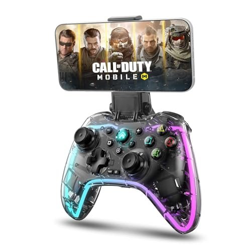 Tobo Wireless Game Controller For Ios Android Nintendo Switch Ps5 Ps4 Ps3 Pc Transparent Gamepad With 7 Colors Led Light Customized Buttons Turbo With Phone Mount Featured