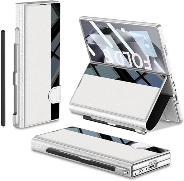 Ukey Ultra Hybrid Premium Case For Samsung Galaxy Z Fold 6 With S Pen Holder Flip Cover Colorful Plating Glass Leather All Inclusive Protection White Gallery 2