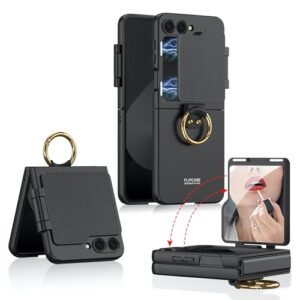 Ultra Thin Ring Back Case Cover With Back Screen Magnetic Leather Mirror Closer For Samsung Galaxy Z Flip6 Z Flip 6 Cover Case Featured