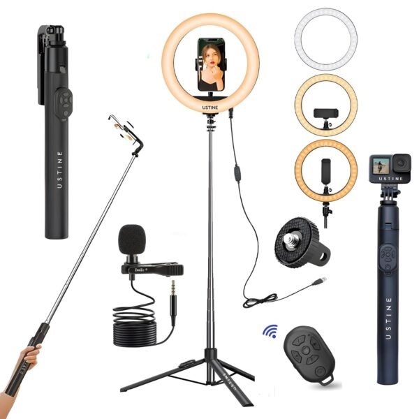 Ustine Youtuber Kit 10 Ring Light Imported Mic Extra Long Selfie Stick With Large Reinforced Tripod Stand Upto 67 Inch 170 Cm With Bt Remote Fb Videos Reels Vlog Gallery 6