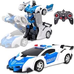 Valuevibes 2 In 1 Transforming Remote Control Car One Click Deformation Robot Rc Car Toys For Kids Age 3 4 5 6 Year Old Rechargeable 360 Rotation With Light Police Car Featured