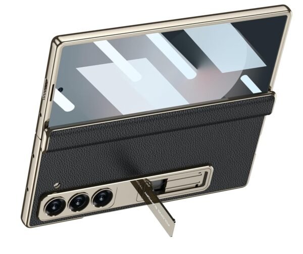 Vegan Leather Electroplated Back Case Cover With Front Glass Magnetic Hinge Cover Kickstand For Samsung Galaxy Z Fold6 Galaxy Fold 6 Case Cover Gallery 1
