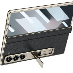 Vegan Leather Electroplated Back Case Cover With Front Glass Magnetic Hinge Cover Kickstand For Samsung Galaxy Z Fold6 Galaxy Fold 6 Case Cover Grey Featured