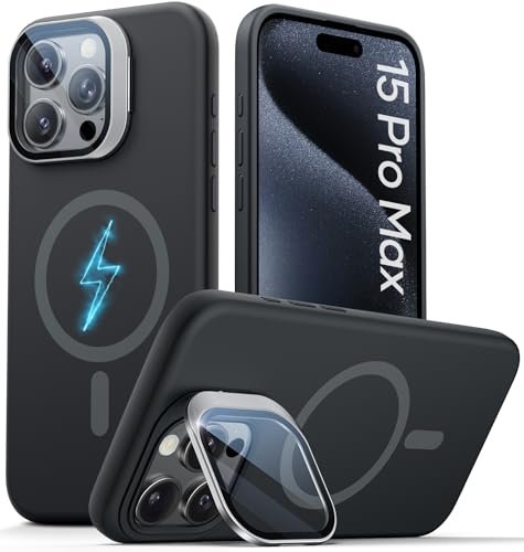 Vihibii For Iphone 15 Pro Max Case Compatible With Magsafe Built In Transparent Lens Cover Camera Stand Full Body Shockproof Soft Silicone Rubber Phone Cover With Microfiber Lining Black Featured