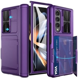 Vihibii For Samsung Galaxy Z Fold 4 5g Case With Card Holder Sliding Camera Lens Cover Built In Hinge Protection Screen Protector Kickstand Case For Samsung Galaxy Z Fold 4 2022 Dark Purple Featured