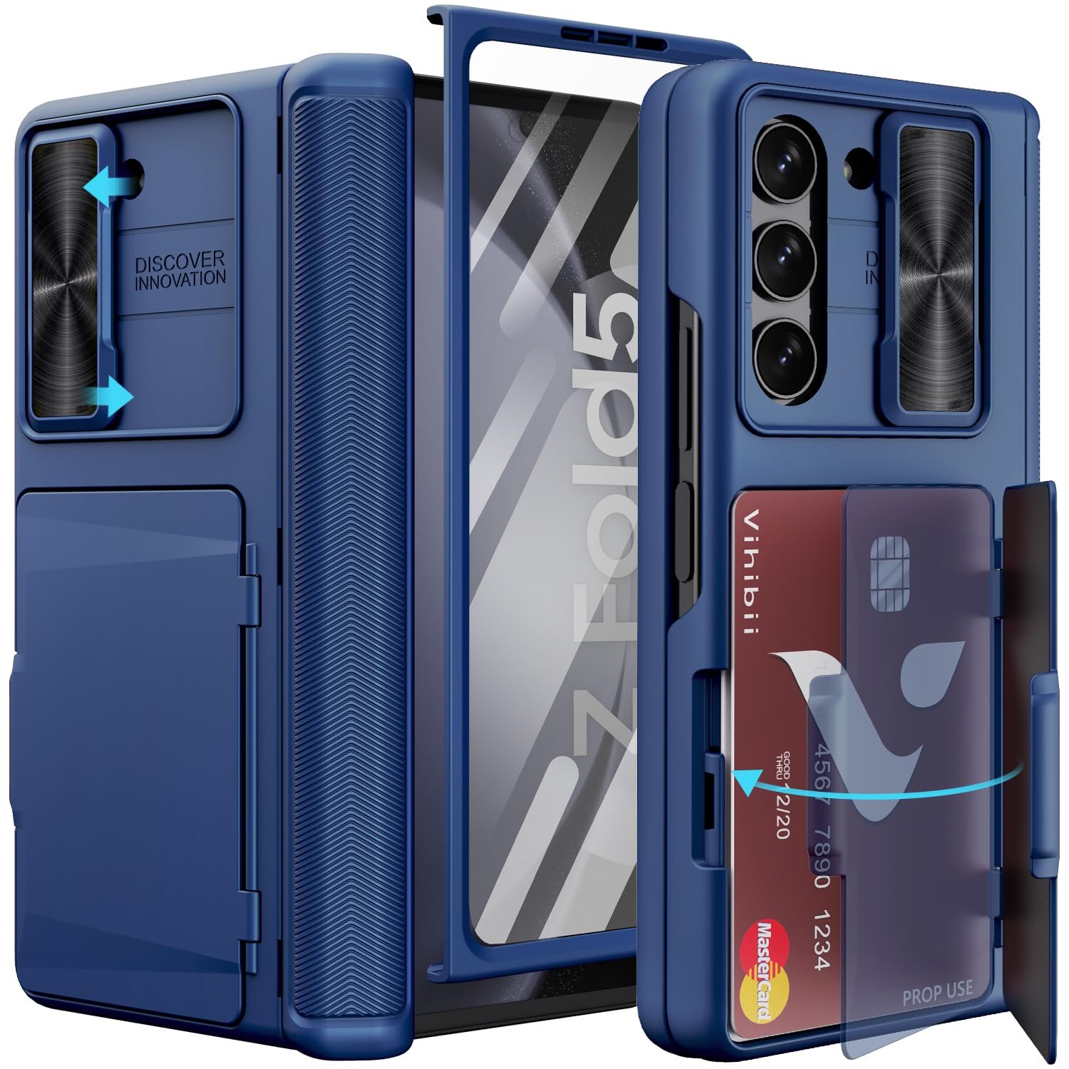 Vihibii For Samsung Galaxy Z Fold 5 Case With Card Holder Slide Camera Lens Cover Hinge Protection Screen Protector Heavy Duty Rugged Wallet Phone Case For Samsung Galaxy Z Fold 5 5g 2023 Blue Featured