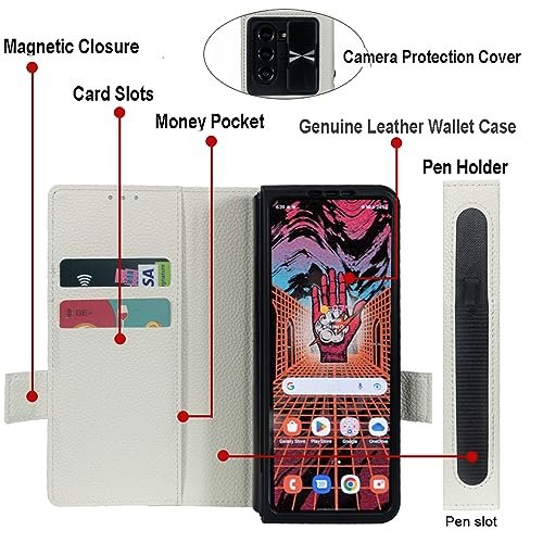 Vitodo For Galaxy Z Fold 5 Case With S Pen Holder Genuine Leather Wallet Case Built In Slide Camera Cover Card Slot Kickstand Hinge Protection Phone Cover For Samsung Galaxy Z Fold5 5g White Featured
