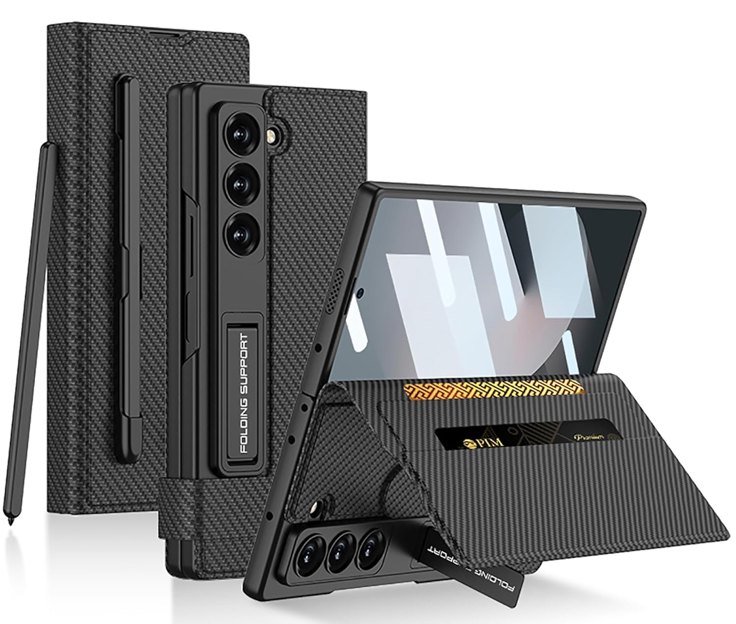 Wallet Flip Flap Case Cover With Kickstand Pen Slot For Samsung Galaxy Z Fold6 Galaxy Fold 6 Case Cover Faux Leather Carbon Black Featured