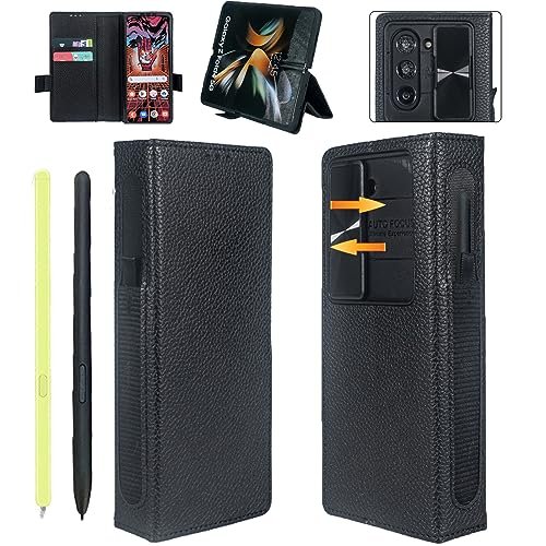 Woluki For Samsung Galaxy Z Fold 5 Case With S Pen Holder Genuine Leather Wallet Case Built In Slide Camera Cover Hinge Protection Kickstand Stylus Slot Phone Case For Galaxy Z Fold5 5g Black Featured