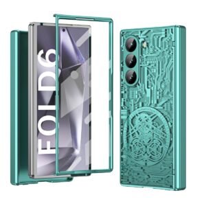 Ximand For Samsung Galaxy Z Fold 6 Case With Mechanical Legend Pattern Front Screen Protector Sleek Design Holographic Texture Plating Folding Completely 360 Full Protection Green Gallery 4