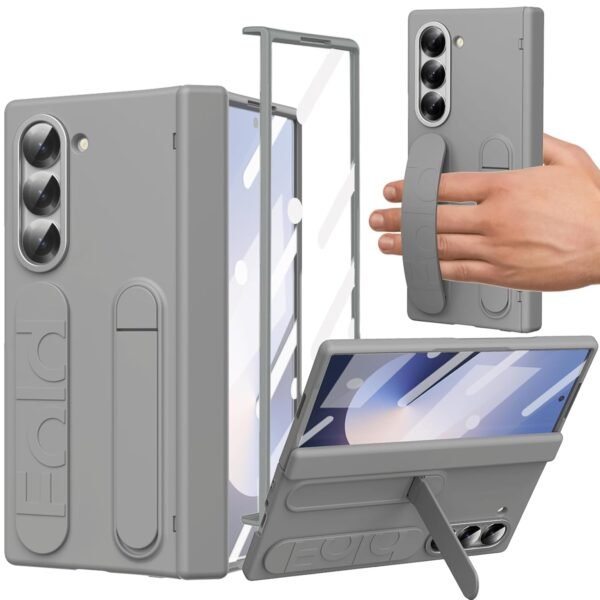 Yqodsz For Samsung Galaxy Z Fold 6 Case With Wristband Z Fold 6 Kickstand Case With Hinge Protection Screen Protector Raised Edge Protection Cover Case For Samsung Galaxy Z Fold 6 Grey Gallery 2