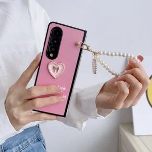 Case For Samsung Galaxy Z Fold 4 Z Fold 3 Diy Bow Heart Pearl Pendant Hard Mobile Phone Case Cover Featured