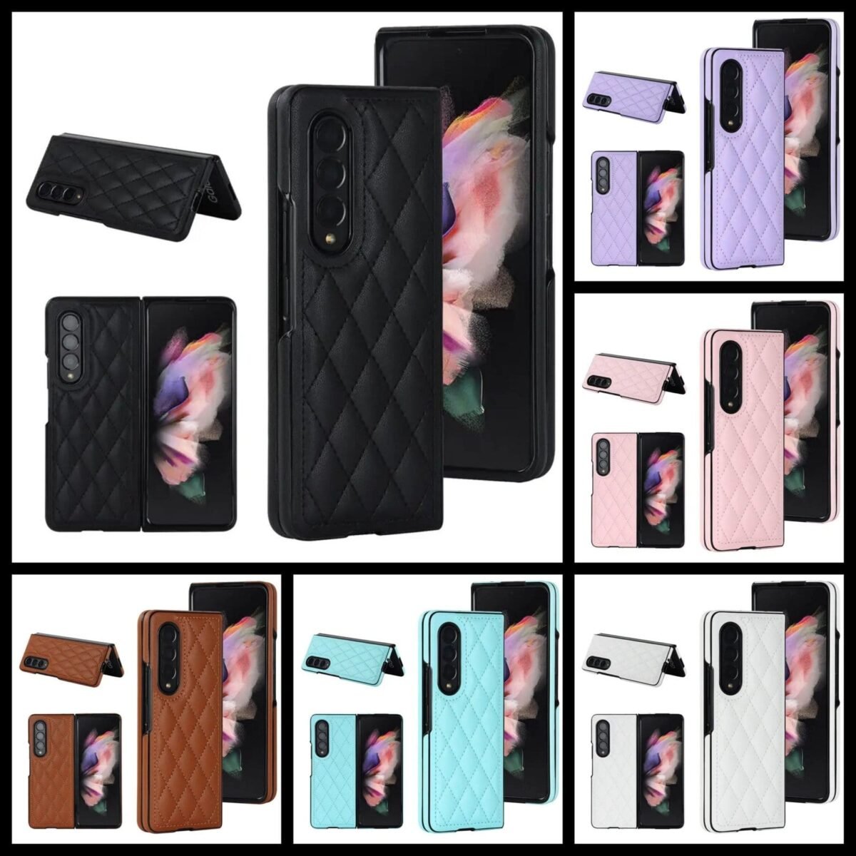 Check Patterned Cushion Feel Leather Cover For Samsung Galaxy Z Fold 4 3 7 Colors Gallery 2