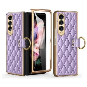 Electroplated Diamond Plaid Protective Cover With Shell Membrane Ring For Samsung Z Fold4 Fold3 Featured