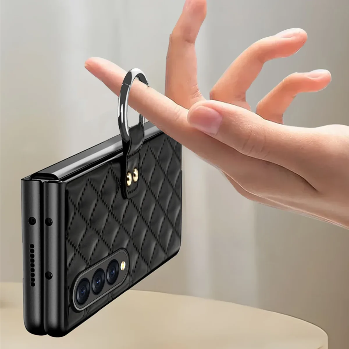 Electroplated Diamond Plaid Protective Cover With Shell Membrane Ring For Samsung Z Fold4 Fold3 Gallery 5