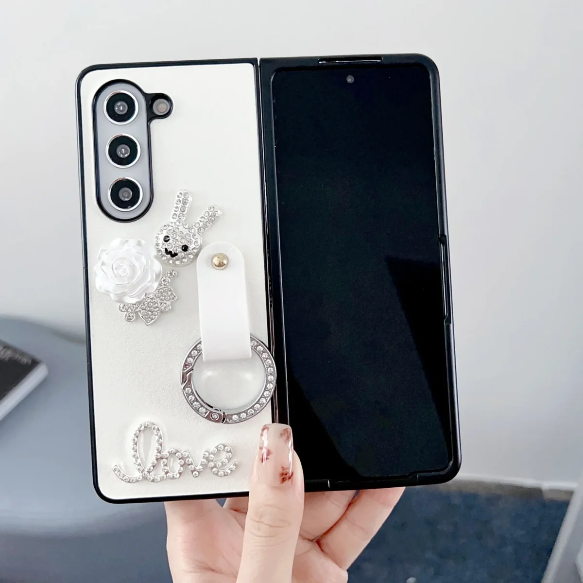 Electroplated Diamond Rabbit Phone Case For Samsung Galaxy Z Fold 5 4 3 Fold5 Fold4 Fold3 5g Ring Hard Shell Protective Cover Gallery 3