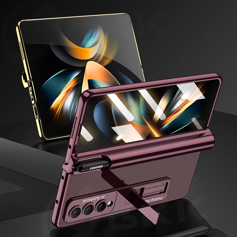 Electroplated Magnetic Hinge Pen Holder Case For Samsung Galaxy Z Fold 5 4 Case With Glass Film Clear Hard Cover For Fold4 Case Featured