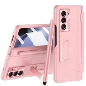 for Samsung Galaxy Z Fold 4 Case with S Pen & Pen Holder, [Hinge Protection] [Built-in Screen Protector] [Kickstand] All-Inclusive Luxury PU Leather Phone Case for Z Fold 4 2022 - Pink